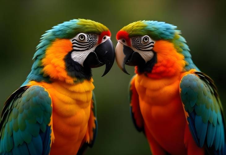 Colorful Parrots with Majestic Plumage Sitting Opposite Each Other